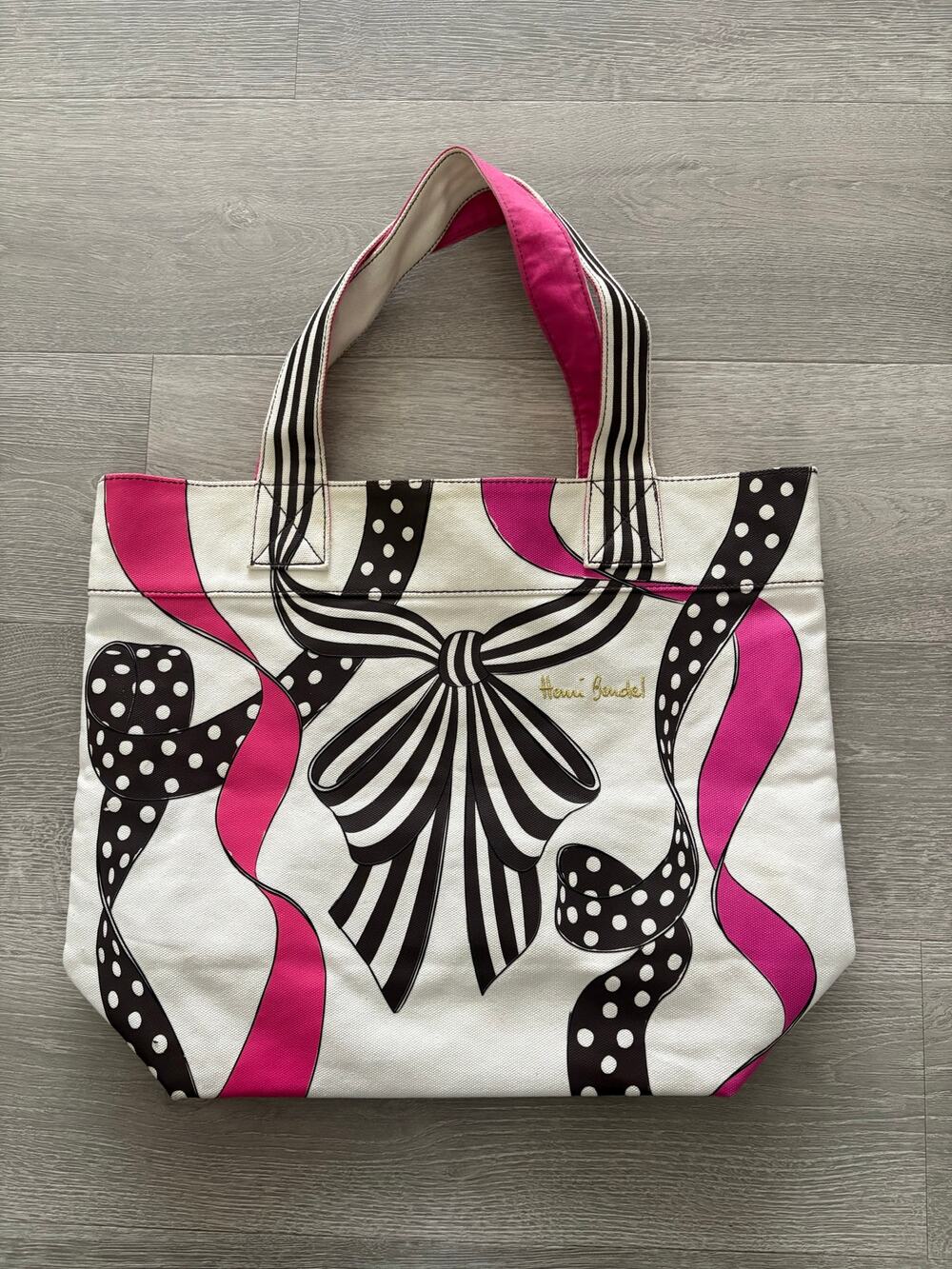 Henri Bendel Canvas Tote Bag Pink Black Ribbon Beach Bag Luxury Designer